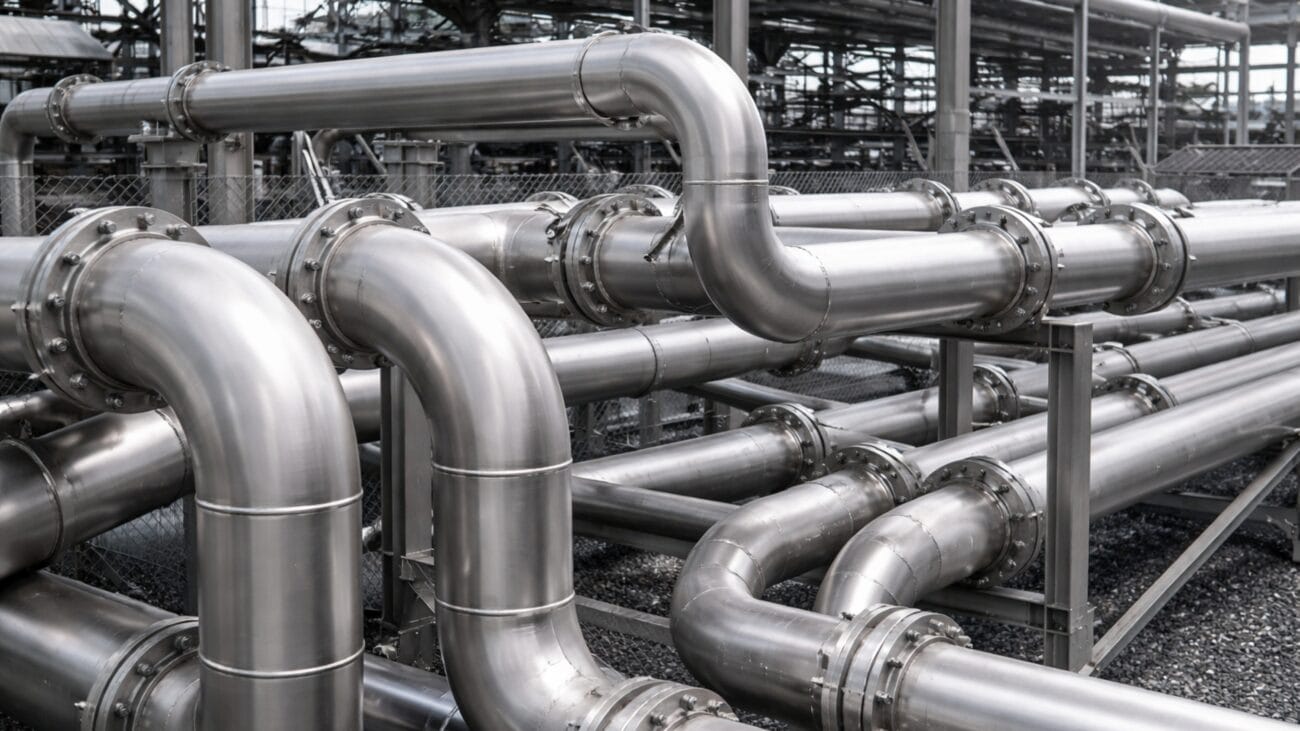 Engineering piping contractors installing stainless steel industrial water pipeline system